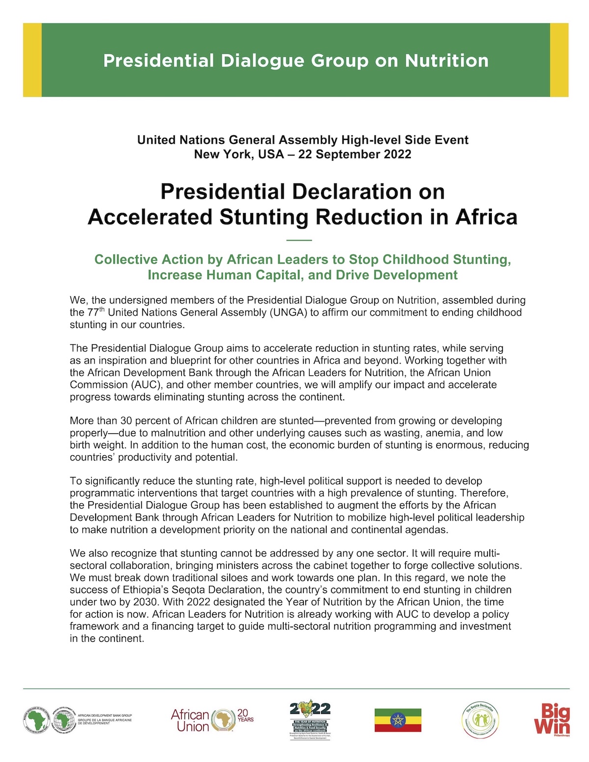 Leaders Sign the Presidential Dialogue Group on Nutrition Declaration